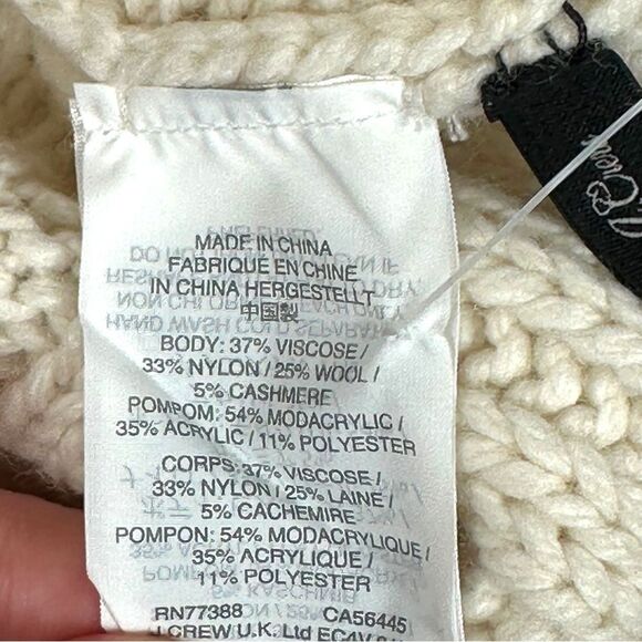 J.Crew Ivory Ribbed Knit Faux Fur Pom Pom Wool Cashmere Blend Beanie Hat - Picture 6 of 6